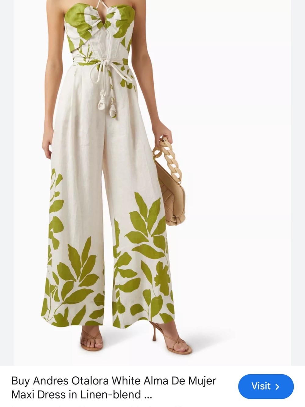 Strapless White Linen-Blend Jumpsuit with Green Leaf Print